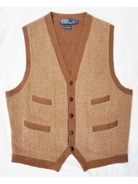 VTG Polo Ralph Lauren Men's Brown Knit Waistcoat Vest Glen Plaid 100% Cashmere